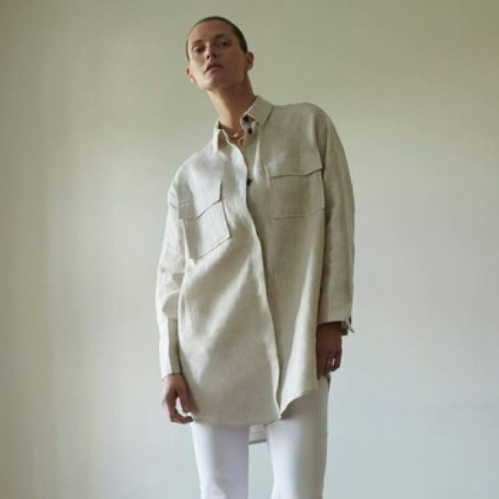 Zara Linen Oversized Button Down Overshirt Sand Tan size Medium / Large
